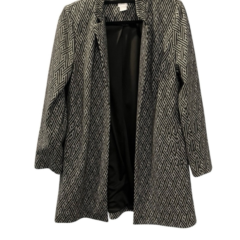 Chico's Geometric Black and White Trench Coat Open Front Size 2